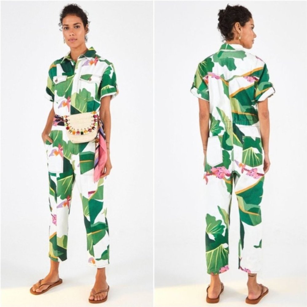 Farm Rio white Tropicalistic denim Jumpsuit size XS